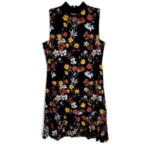 Sleeveless Navy Floral Shift Party Dress with Ruffle Hemline Size Medium